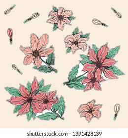 Set of clematis patches elements. Set of stickers, pins and hand drawn elements collection 
