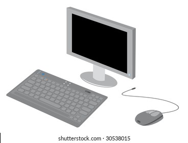 Set with clerical aids: monitor, keyboard, mouse. Vector illustration.
