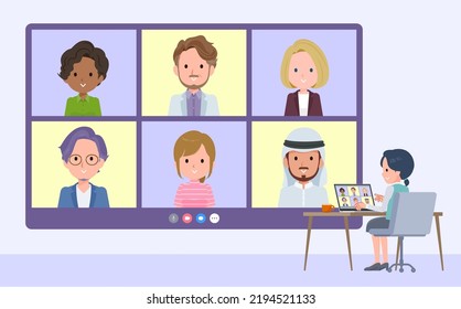 A set of Clerk woman having a video chat with multiple people.It's vector art so easy to edit.