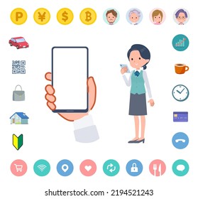A set of Clerk woman looking at a smartphone screen.It's vector art so easy to edit.The inside of the screen is transparent, so it is easy to fit.