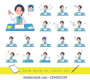 A set of Clerk woman studying on a tablet device.It's vector art so easy to edit.