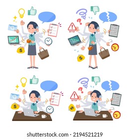 A set of Clerk woman who perform multitasking in the office.It's vector art so easy to edit.