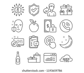 Set of Click, Checklist and Private payment icons. Beer, Face protection and Quick tips signs. Web traffic, Surprise boxes and Gifts symbols. Cursor pointer, Survey, Secure finance. Vector