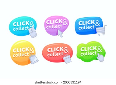 Set of Click and Collect Banners, Colorful Speech Bubbles, Digital Buttons to Enter on Web Page. Promo Pointer Icons, Navigation for Store Website Isolated on White Background. Vector Illustration