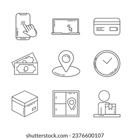 Set Click and Collect Outline Icons. Takes into account all the Steps of the Buyer from choosing a product, Time, Place to Payment and receipt. Picograms isolated on a white background.