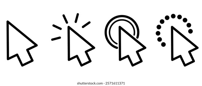 Set of click and cursor icons. Includes hand pointer, mouse click, and interaction symbols. Ideal for navigation, user interface, digital design, or app development visuals in modern style.