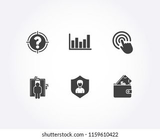 Set of Click, Elevator and Column chart icons. Security agency, Headhunter and Wallet signs. Cursor pointer, Lift, Financial graph. People protection, Aim with question mark, Usd cash. Vector