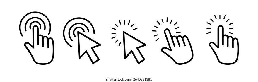 Set of Click Hand and Arrow Cursor Pointer Icons Isolated on White