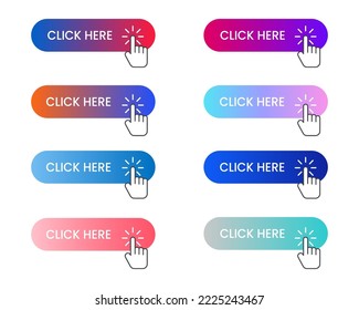 Set of Click here Button. Click here, apply, buttons hand pointer clicking with Different gradient colors and icons. 