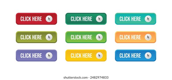 Set of click here button with cursor icon isolated on white background. click here button with colorful gradient for for UI UX website, mobile app