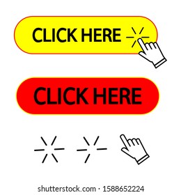 Set of click here button with hand pointer clicking. Hand cursor. Red and yellow buttons on white background. Vector
