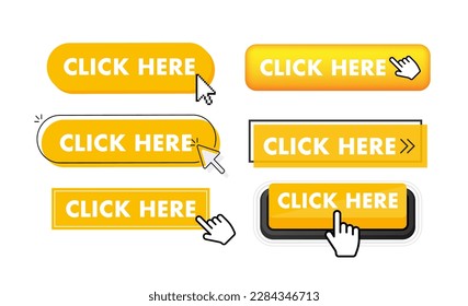 Set of click here button. Hand pointer clicking. Click here web buttons