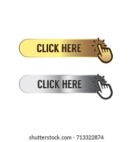 Set Of Click Here Button With Hand Pointer Icon. Gold And Silver Shiny Design.