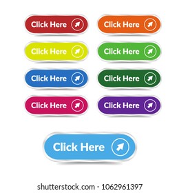 set of Click Here button with shadow and chrome border. 