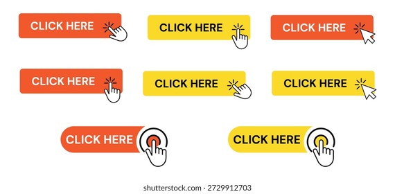 Conjunto de Botones 'Hacer clic aquí' con el icono del cursor del ratón - aislado sobre fondo blanco