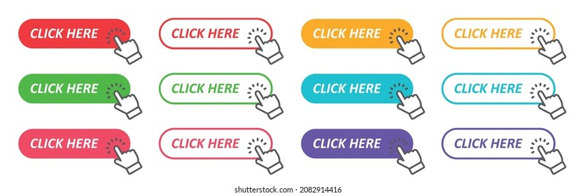 Set of click here vector buttons. Hand pointer clicking cursor. Colorful web buttons. Hand finger clicking. Vector illustration.