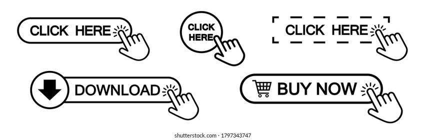 Set of click here web button in line style, isolated website buy or download bar icon with hand finger clicking cursor for buy or register design