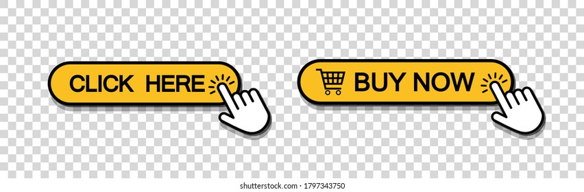 Set of click here web button in line style, isolated website buy or download bar icon with hand finger clicking cursor for buy or register design