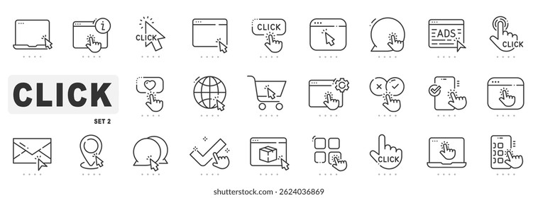 Set of click related line icons. Cursor, pointer, arrow etc. Editable stroke. Set 2