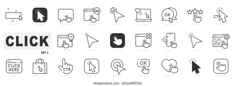 Set of click related line icons. Cursor, pointer, arrow etc. Editable stroke. Set 3