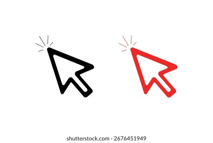 Conjunto de iconos de cursor de clic para fines de Web e impresión. Los iconos son simples y planos. El conjunto incluye iconos para flecha y puntero con efecto Hacer clic. Fondo aislado.