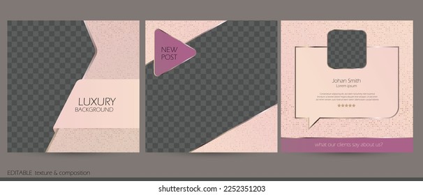 set of client testimonial, customer feedback Instagram social media post design template. luxury pink purple square vector background for woman's day or mother's day beauty content