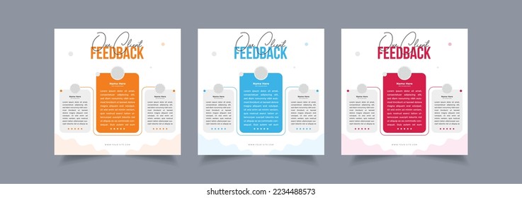 Set of client testimonials or customer feedback social media post design, company marketing review template with square size modern and creative, eps 10
