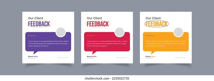 Set of client testimonials or customer feedback social media post design, company marketing review template with square size modern and creative, eps 10