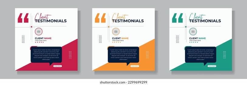 Conjunto de testimonios de clientes o revisión del diseño de publicaciones en redes sociales, plantilla de comentarios de clientes con tamaño cuadrado moderno y creativo.