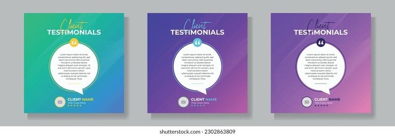 Set of client testimonials or review social media post design, client feedback template with square size modern and creative.