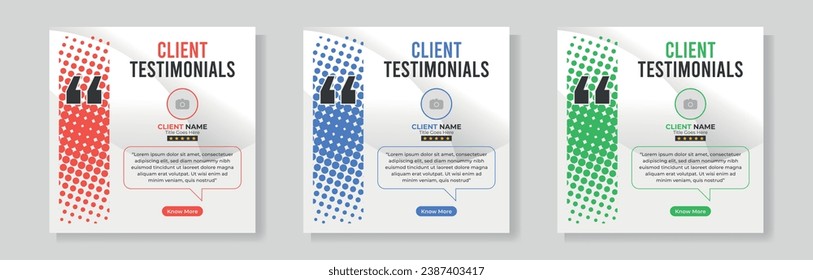 Set of client testimonials or review social media post design, client feedback template with square size modern and creative