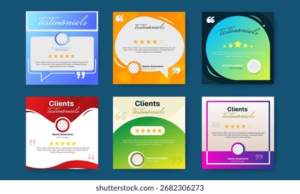 Conjunto de clientes Anuncio de Comentarios Diseño de publicación de redes sociales. Diseño de Anuncio testimonial del cliente. editable. Vector