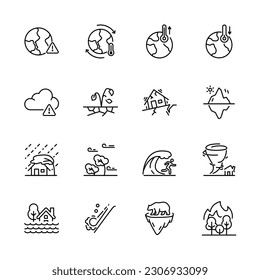 Set of climate change icons, Global warming effect, natural disaster for example ice melting; Earthquake, greenhouse effect; extinction species, tsunami, Flooding, extreme weather, vector illustration