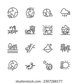 Conjunto de íconos del cambio climático, efecto del calentamiento del planeta, desastre natural, por ejemplo, el derretimiento de hielo; Terremoto, efecto invernadero; especies de extinción, tsunami, inundaciones, fenómenos meteorológicos extremos, ilustración de vectores