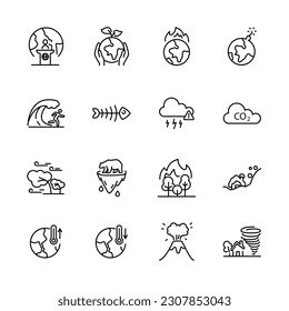 Conjunto de íconos del cambio climático, efecto del calentamiento del planeta, desastre natural, por ejemplo, el derretimiento de hielo; Terremoto, efecto invernadero; especies de extinción, tsunami, inundaciones, fenómenos meteorológicos extremos, ilustración de vectores
