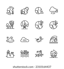 Set von Klimaschutzsymbolen, Globale Erwärmung, Erdbeben, Überschwemmungen, extreme Temperatur, Eisschmelzen. Vektorgrafik