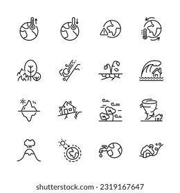 Set of climate change icons, Global warming effect, natural disaster for example ice; melting; Earthquake,greenhouse effect; extinction species, tsunami, Flooding, extreme weather, vector illustration