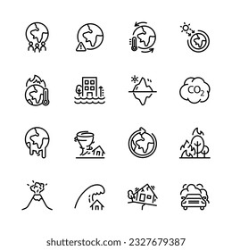 Set von Klimaschutzsymbolen, Globale Erwärmung, Erdbeben, Überschwemmungen, extreme Temperatur, Eisschmelzen. Vektorgrafik