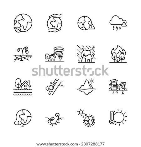 Set of climate change icons, Global warming effect, natural disaster for example ice melting; Earthquake, greenhouse effect; extinction species, tsunami, Flooding, extreme weather, vector illustration