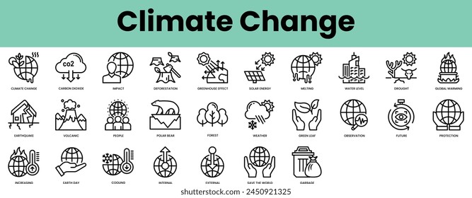 Conjunto de iconos del cambio climático. Paquete de iconos de estilo lineal. Ilustración vectorial