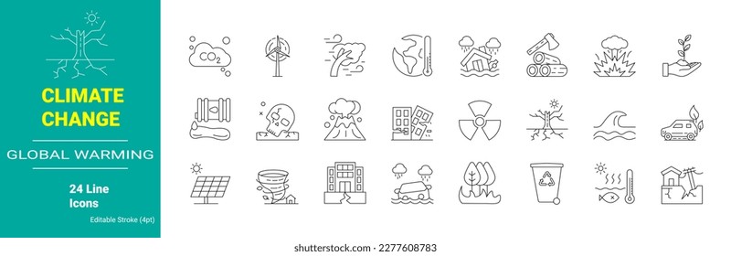 Set of climate change line icons for web. Catastrophe, cataclysm. global warming. eco product, clean energy, renewable energy, recycling, reusable, environmental friendliness.