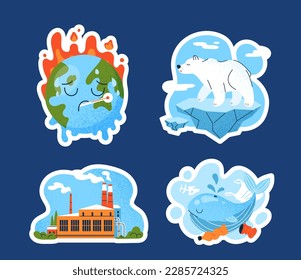 Conjunto de cambios climáticos. Planeta con termómetro, fábricas con humo, oso polar con hielo flotando y ballena entre la basura bajo el agua. Ilustraciones del vector plano de dibujos animados aisladas en fondo azul