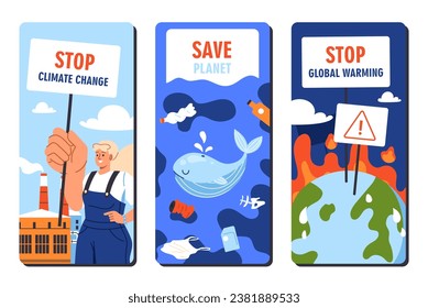 Set of climate change posters. Care about nature and environment. Save planet and stop global warming. Sustainable lifestyle. Cartoon flat vector collection isolated on white background