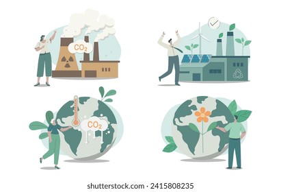 Set of climate change problem concepts. Eco friendly sustainable, Power plant emission pollution CO2 and sustainable clean factory with renewable energy. Vector design illustration.