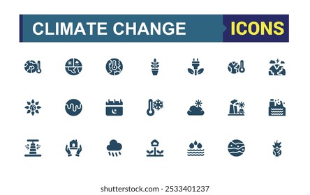 Set of climate change solid icons. Including emissions, sustainability, global warming, renewable energy and pollution. Filled icon collection. Pxel perfect Vector illustration.