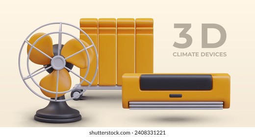 Set of climate devices for home and office. Air conditioner, fan, radiator on wheels. Yellow creative banner. Advertisement of modern electrical equipment for cooling, heating room