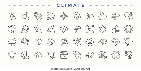 Set of Climate line icon. Eco outline icons in linear style. Icons for application. Weather line icon set. Editable stroke vector art.