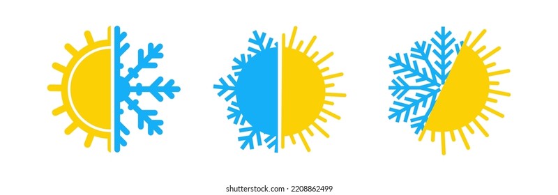 Set of climate symbols Hot and cold. Sun and snowflake climate icon collection. Change climat hot and cold symbols isolated. vector eps10