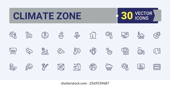 Set of Climate Zone line icons. Containing wind, storm, snow, decrease, duct, weather, planet, green. Minimal linear icons. Vector icons editable stroke.