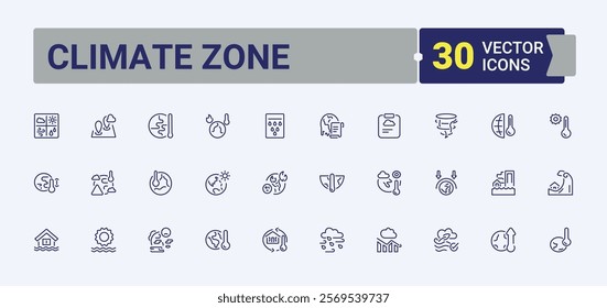 Set of Climate Zone line icons. Containing wind, storm, snow, decrease, duct, weather, planet, green. Minimal linear icons. Vector icons editable stroke.